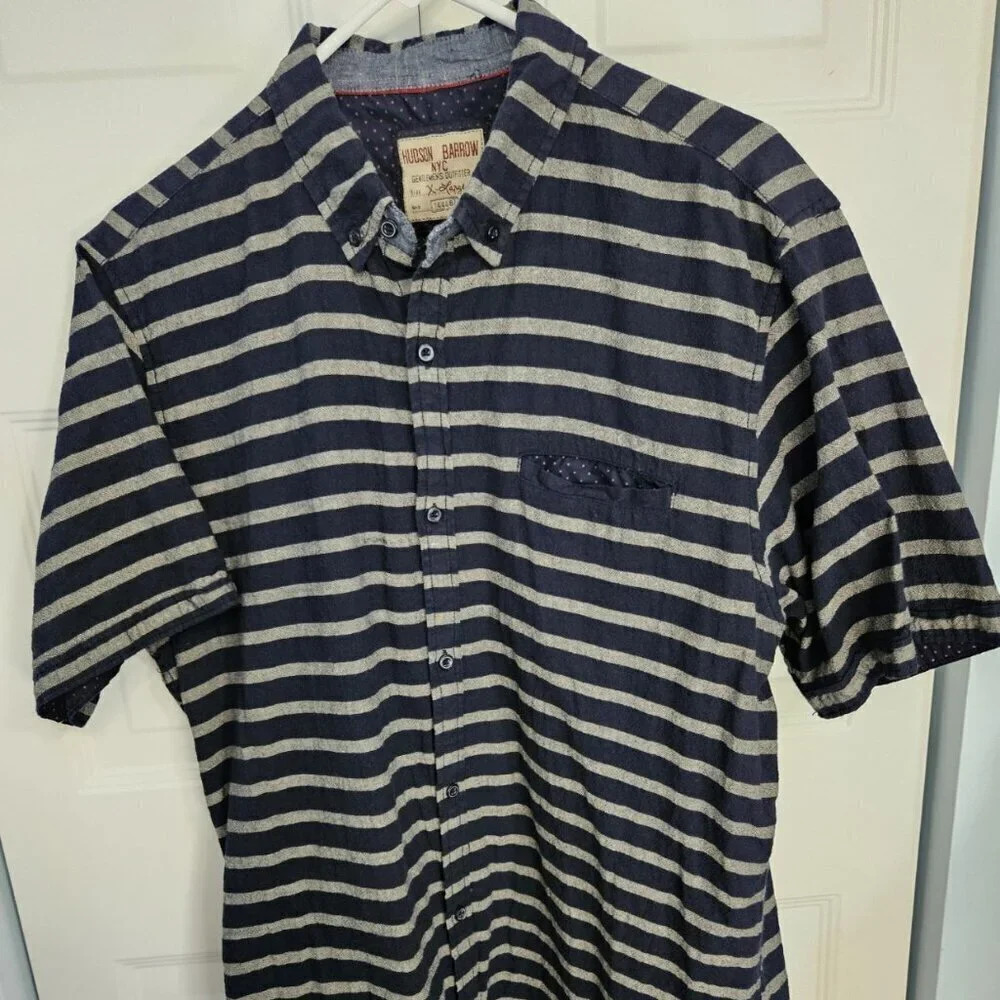 Hudson Barrow Button‎ Down Collared Shirt Men's Size XL Blue Tan Tagless Cotton